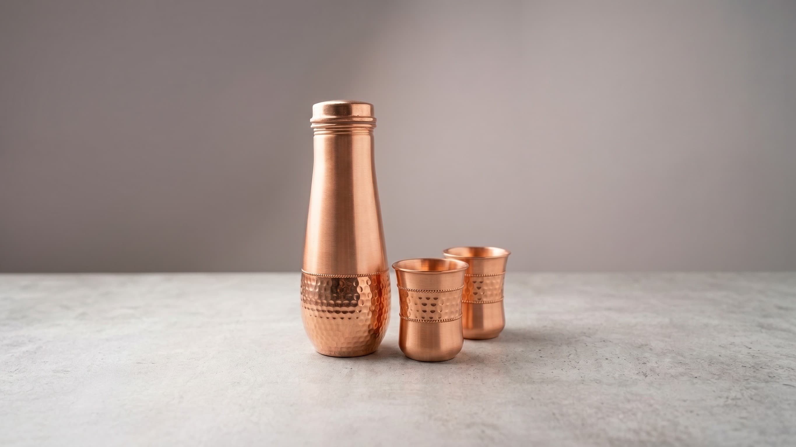 Copper Bottle & Glass Set - Half Hammered